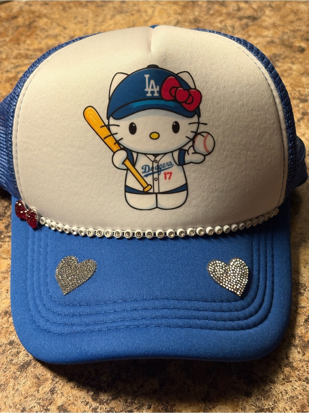 Hello Kitty Dodgers Blue & White Trucker Hat with Rhinestones